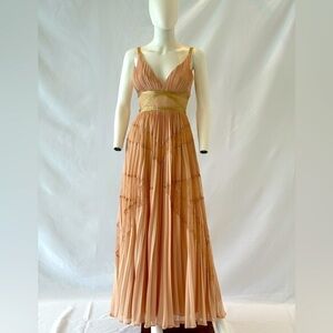 BCBG MaxAzria Blush Pleated Maxi Gown Lace Waist Empire Dress 0